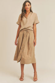 MABLE Short Sleeve Top and Button Down Midi Skirt Set | Outfit Sets Daverri Fashions