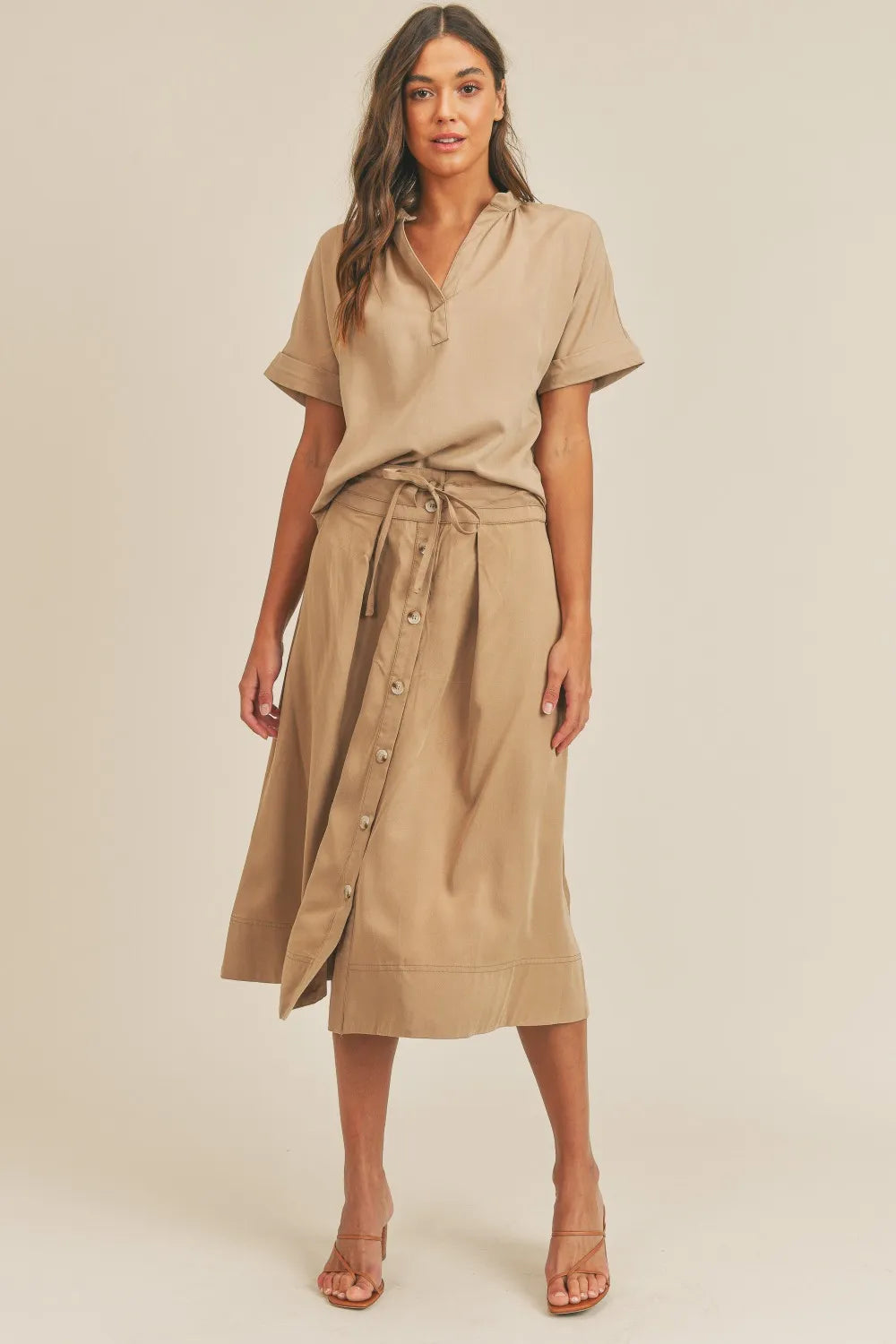 MABLE Short Sleeve Top and Button Down Midi Skirt Set Skirt Sets