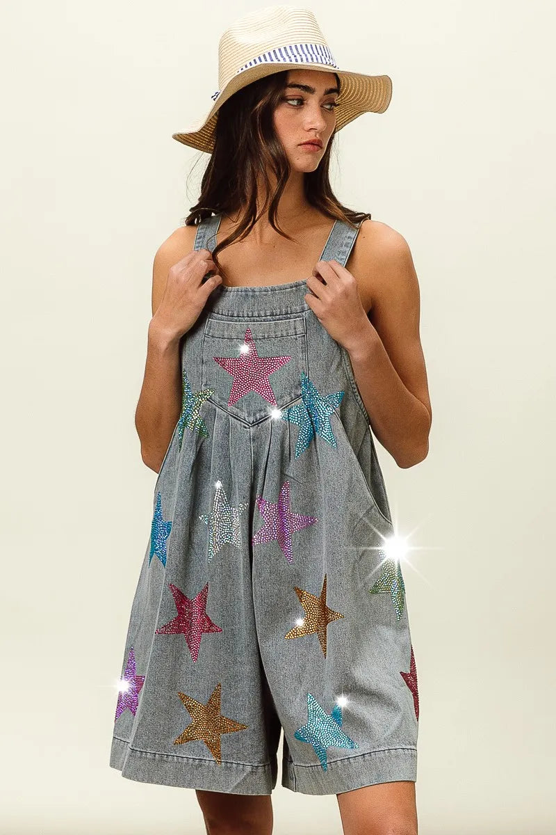 BiBi Star Rhinestone Washed Wide Leg Shortalls Shortalls