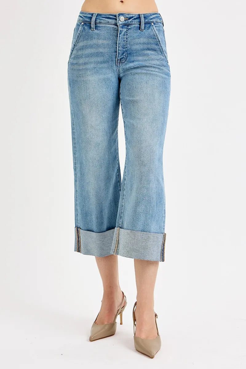 RISEN Full Size Tummy Control High Rise Ankle Wide Cuffed Jeans Jeans