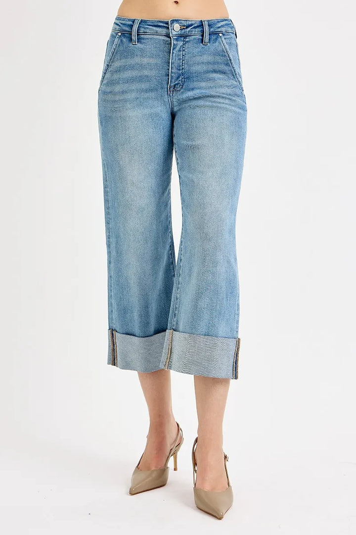 RISEN Full Size Tummy Control High Rise Ankle Wide Cuffed Jeans Jeans