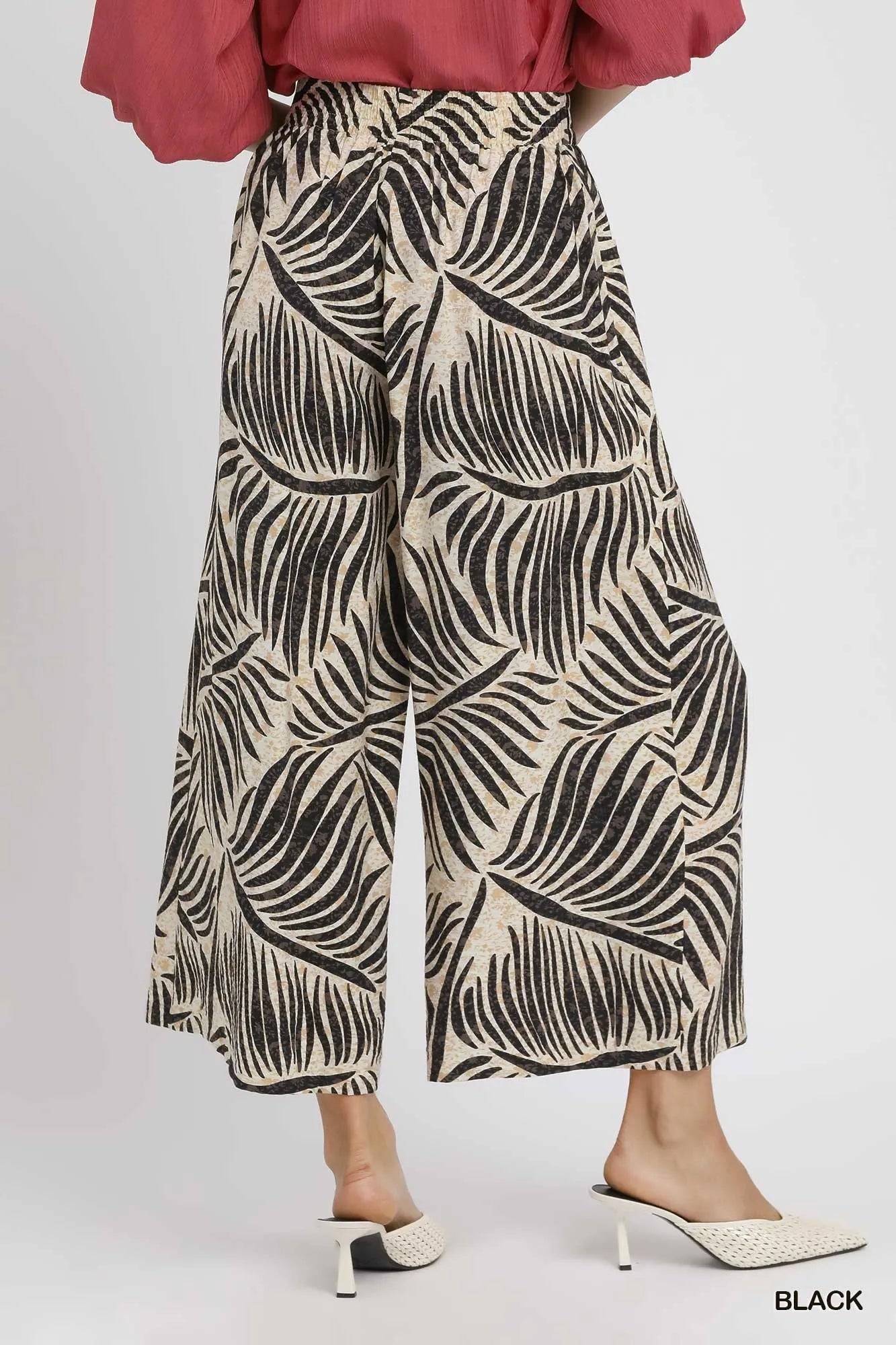 Umgee Palm Leaf Print Wide Leg Culotte Pants Pants