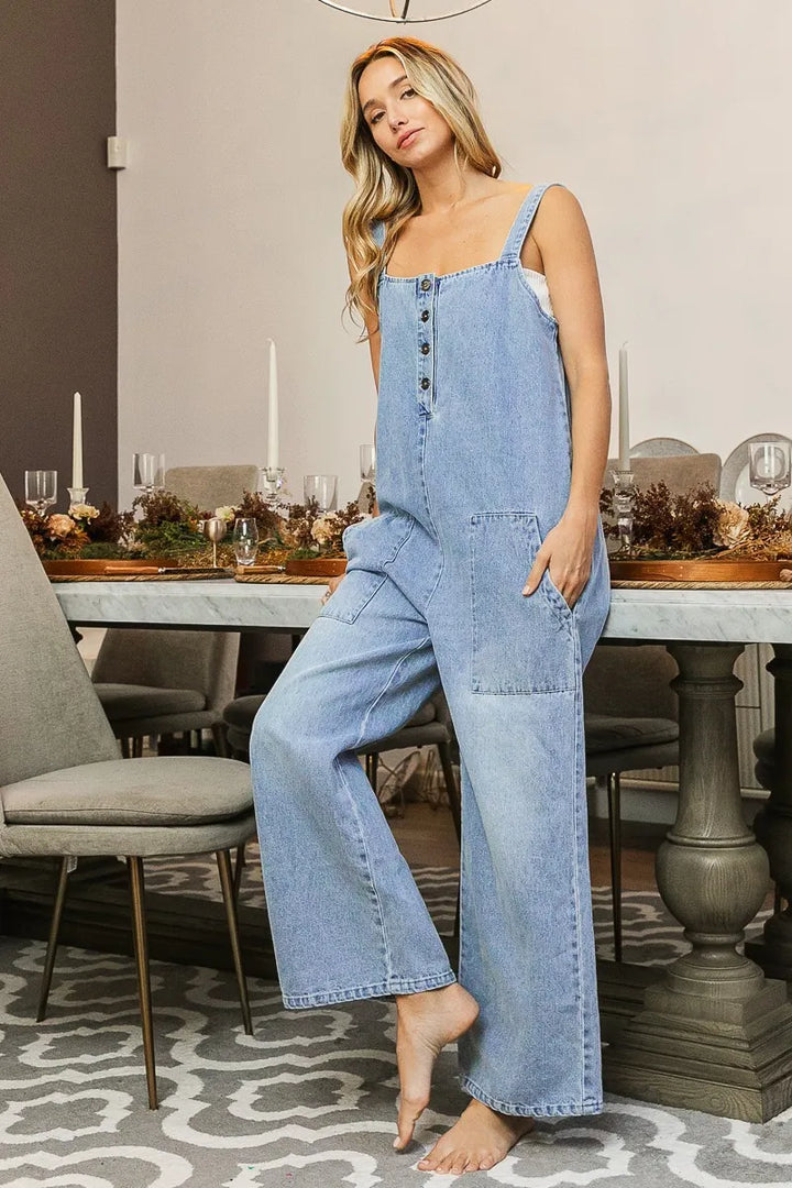 BiBi Washed Denim Buttoned Overall Jumpsuit Jumpsuits