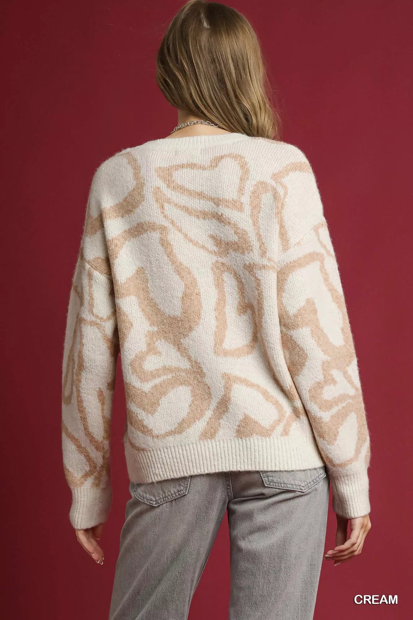 Umgee Heart Print Crew Neck Sweater | Sweaters Daverri Fashions