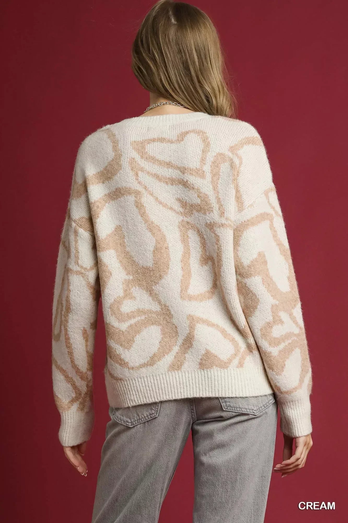 Umgee Heart Print Crew Neck Sweater - DAVERRI FASHIONS