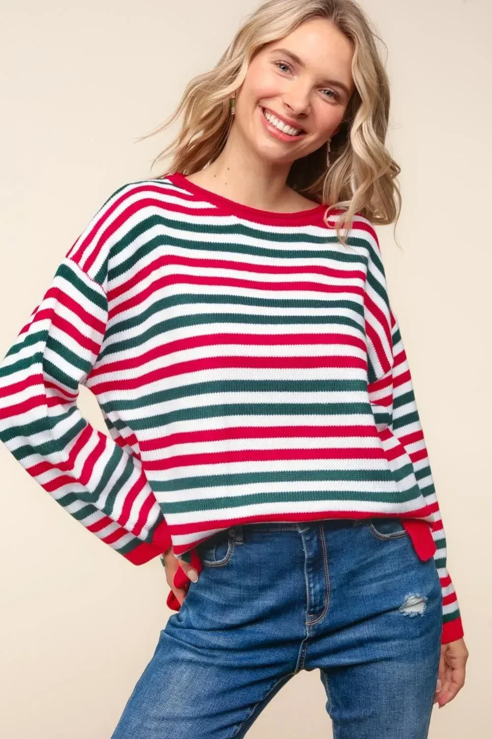 Haptics Full Size Striped Contrast Side Slit Knit Top - DAVERRI FASHIONS