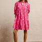 Vibrant pink BiBi ribbon patterns scalloped short sleeve dress with palm tree print