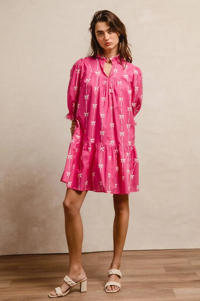Vibrant pink BiBi ribbon patterns scalloped short sleeve dress with palm tree print