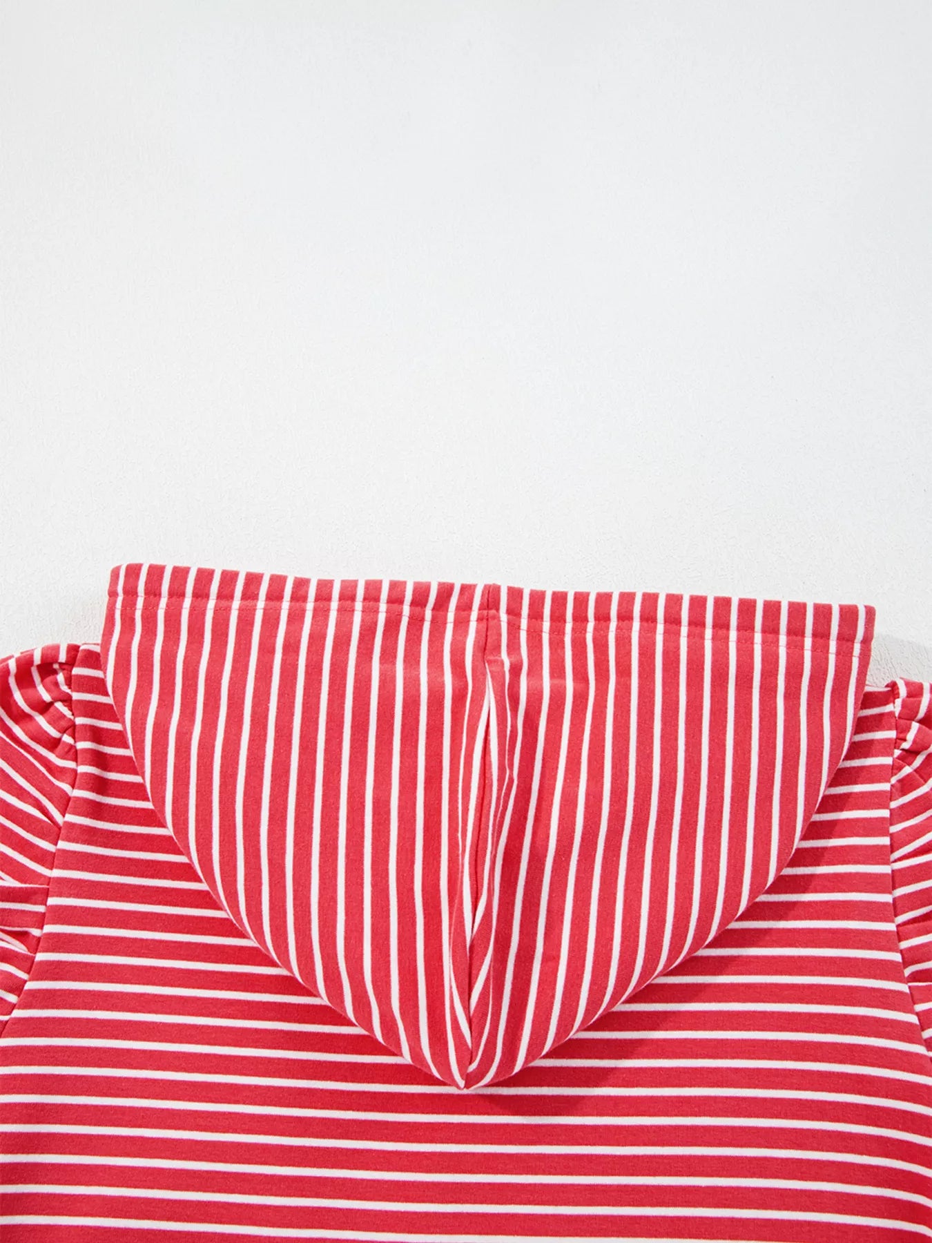 Red and white striped puff sleeve hoodie with drawstring and ruffled sleeves