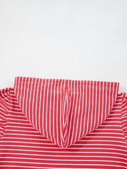Red and white striped puff sleeve hoodie with drawstring and ruffled sleeves
