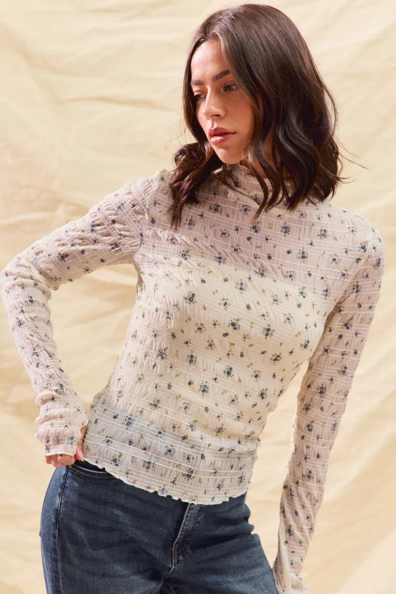 SO ME floral print textured long sleeve knit top in off-white