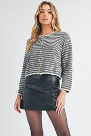 Aemi + Co Striped Button Down Round Neck Cardigan Black