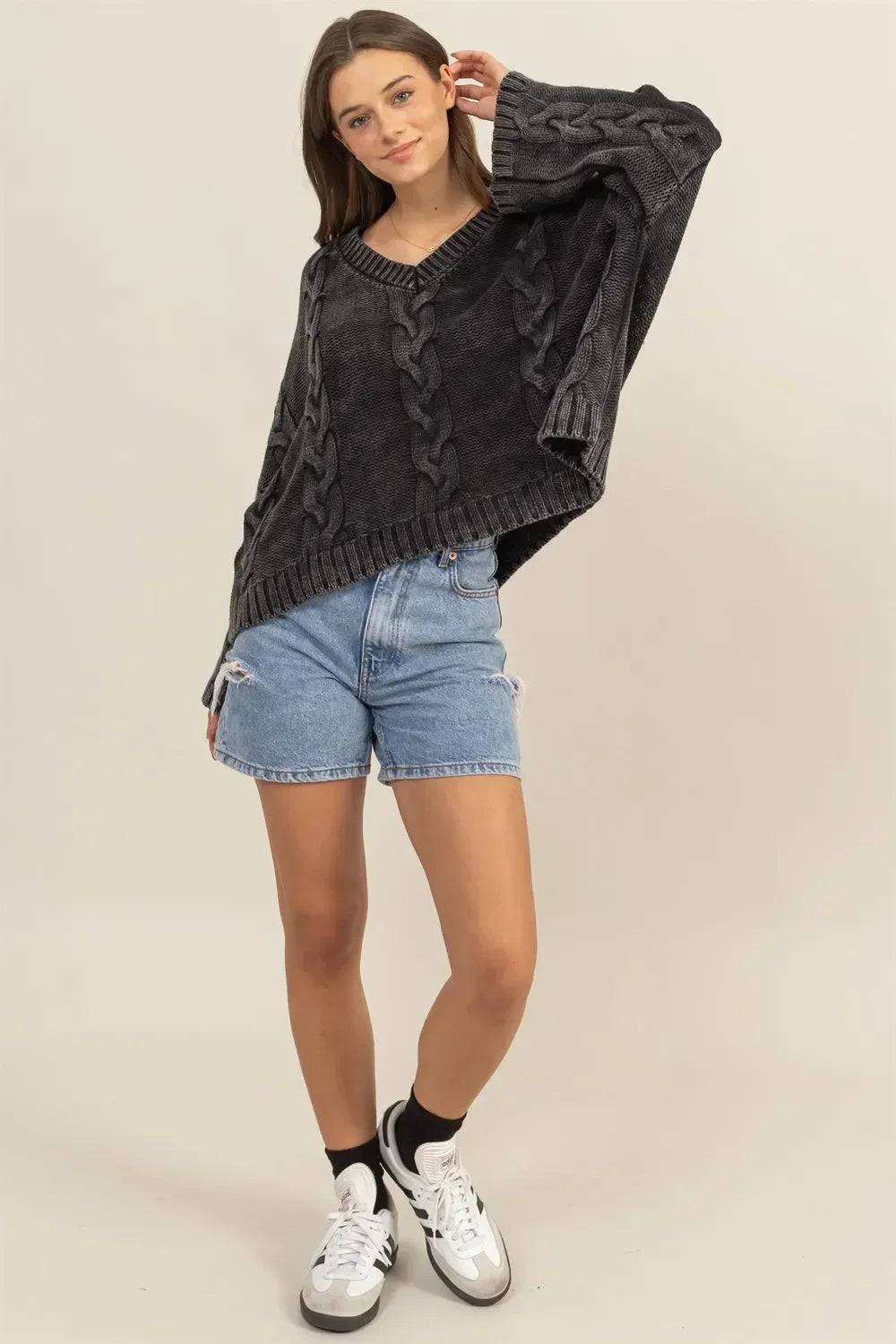 HYFVE Cable Knit V-Neck Dropped Shoulder Oversized Sweater - DAVERRI FASHIONS