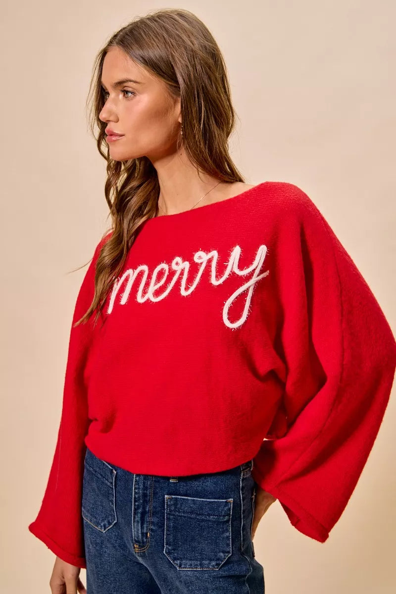 SO ME Merry Tinsel Lettering Christmas Sweater Top Red | Sweaters Daverri Fashions