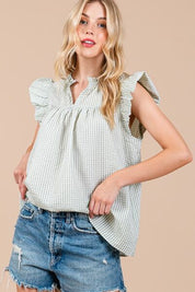 Ces Femme Light Green Plaid Notched Ruffled Cap Sleeve Blouse Blouses