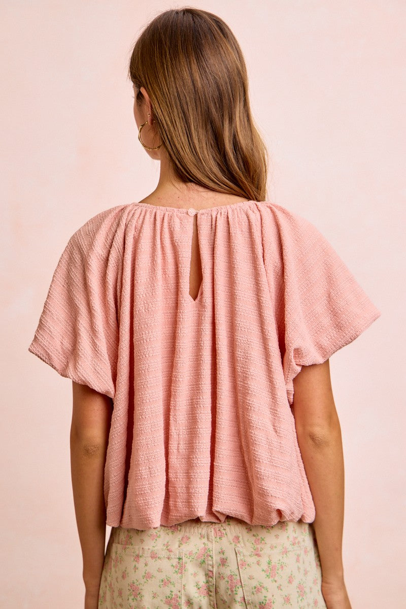 BiBi Stripes soft pink textured shirred neckline top back view