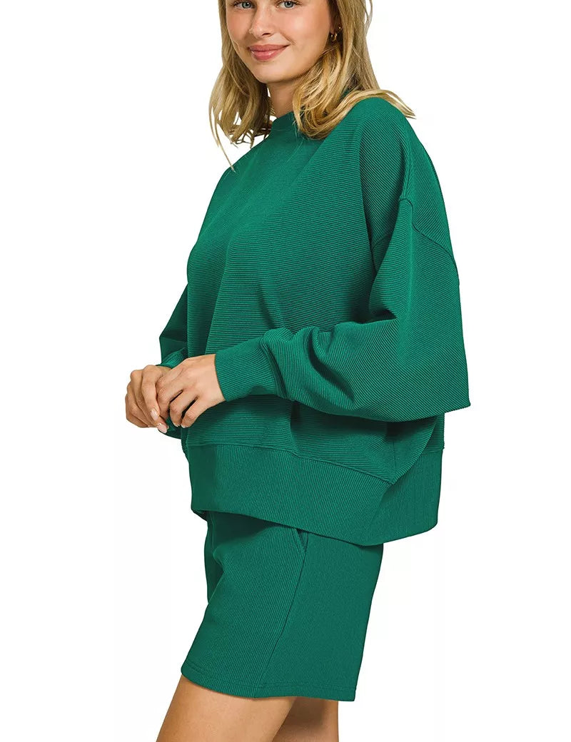 Zenana Ribbed Round Neck Pullover and Shorts Set | Daverri Fashions
