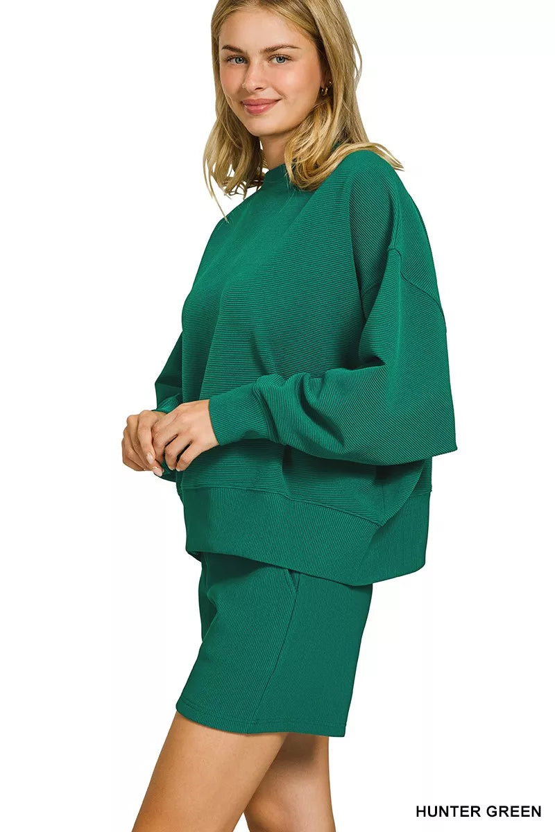 Zenana Ribbed Round Neck Pullover and Shorts Set | Daverri Fashions
