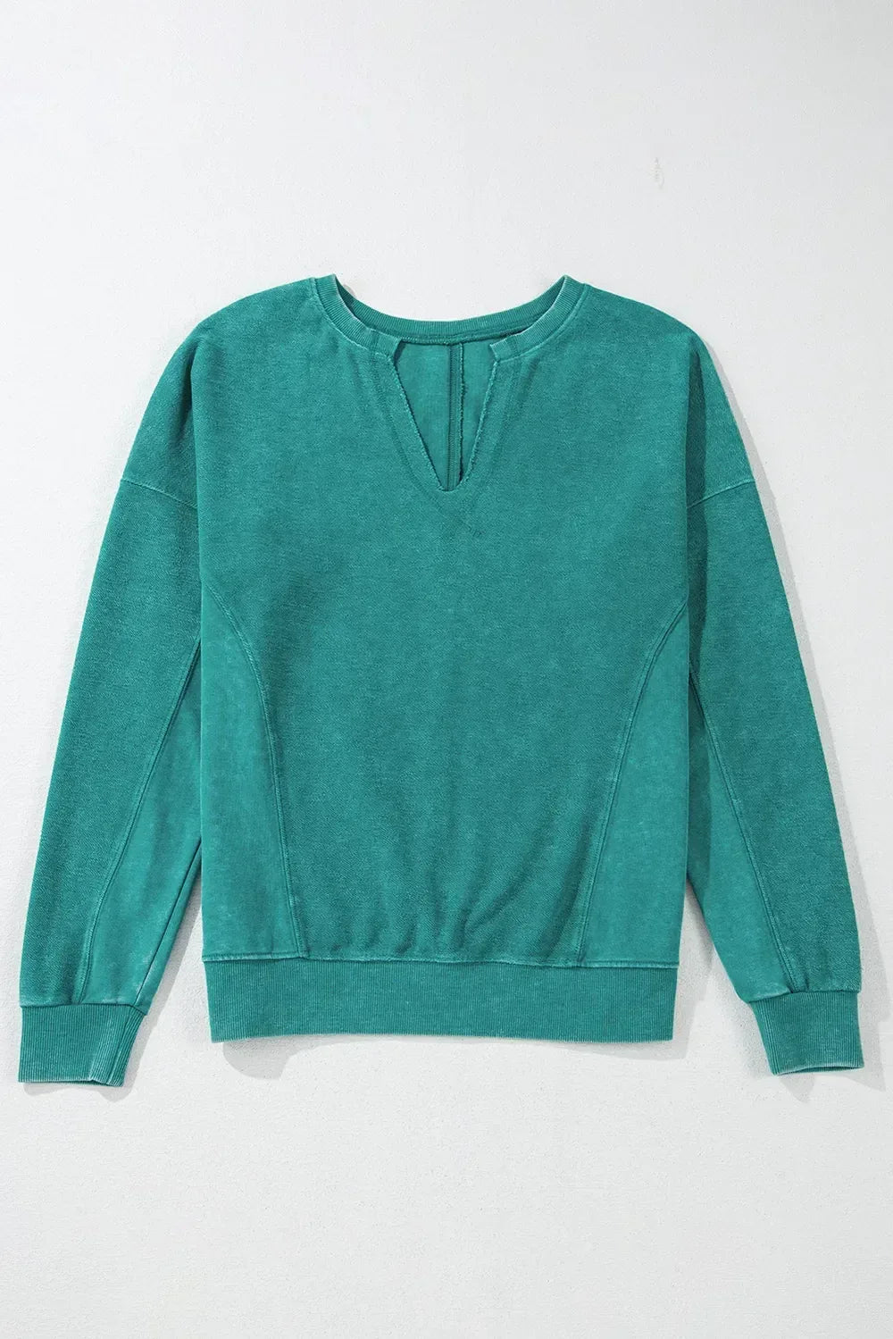 Notched Drop Shoulder Long Sleeve Sweatshirt - DAVERRI FASHIONS