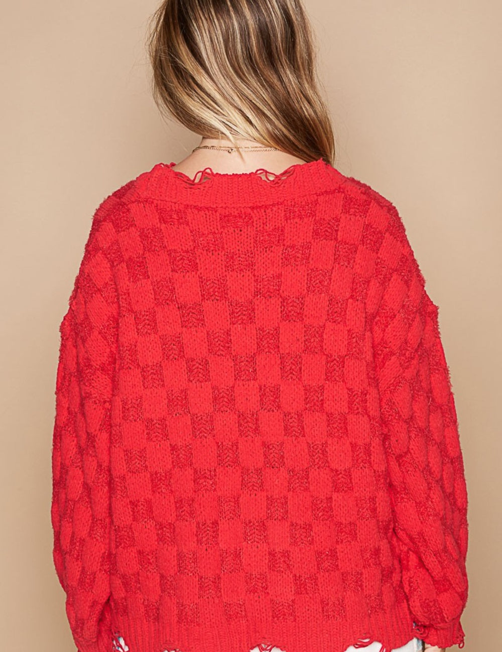 POL Checkered Distressed Edge Sweater