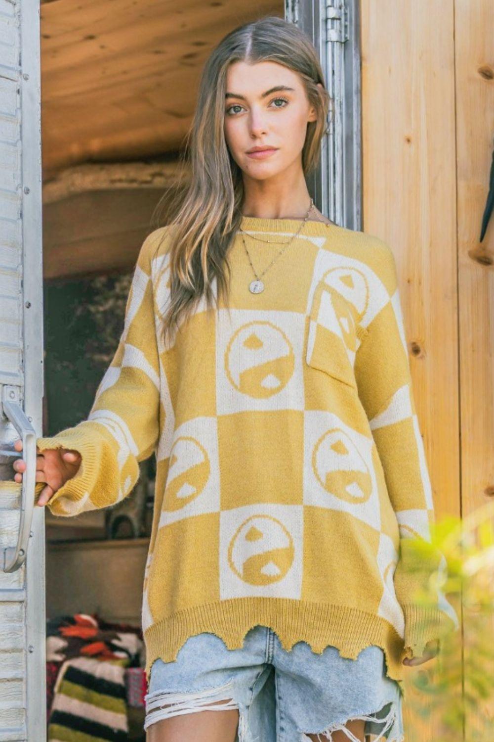 Mustard And The Why Checkerboard Sweater with Yin Yang Pattern | Sweaters Daverri Fashions