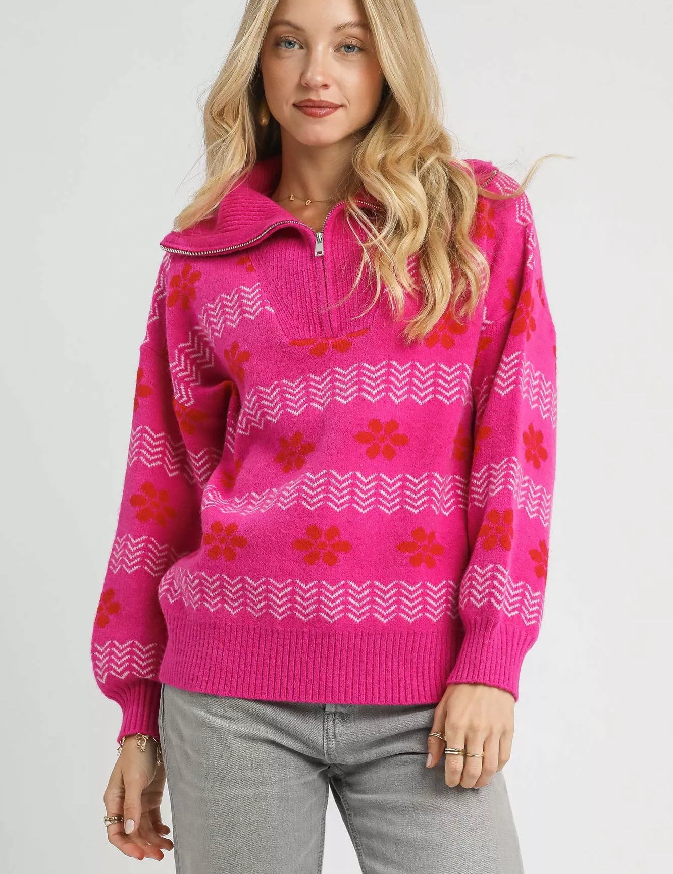 HOT PINK Umgee Floral Patterned Jacquard Quarter-Zip Pullover Sweater Hot Pink | Sweaters Daverri Fashions
