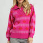 Umgee Floral Patterned Jacquard Quarter-Zip Pullover Sweater Hot Pink - DAVERRI FASHIONS