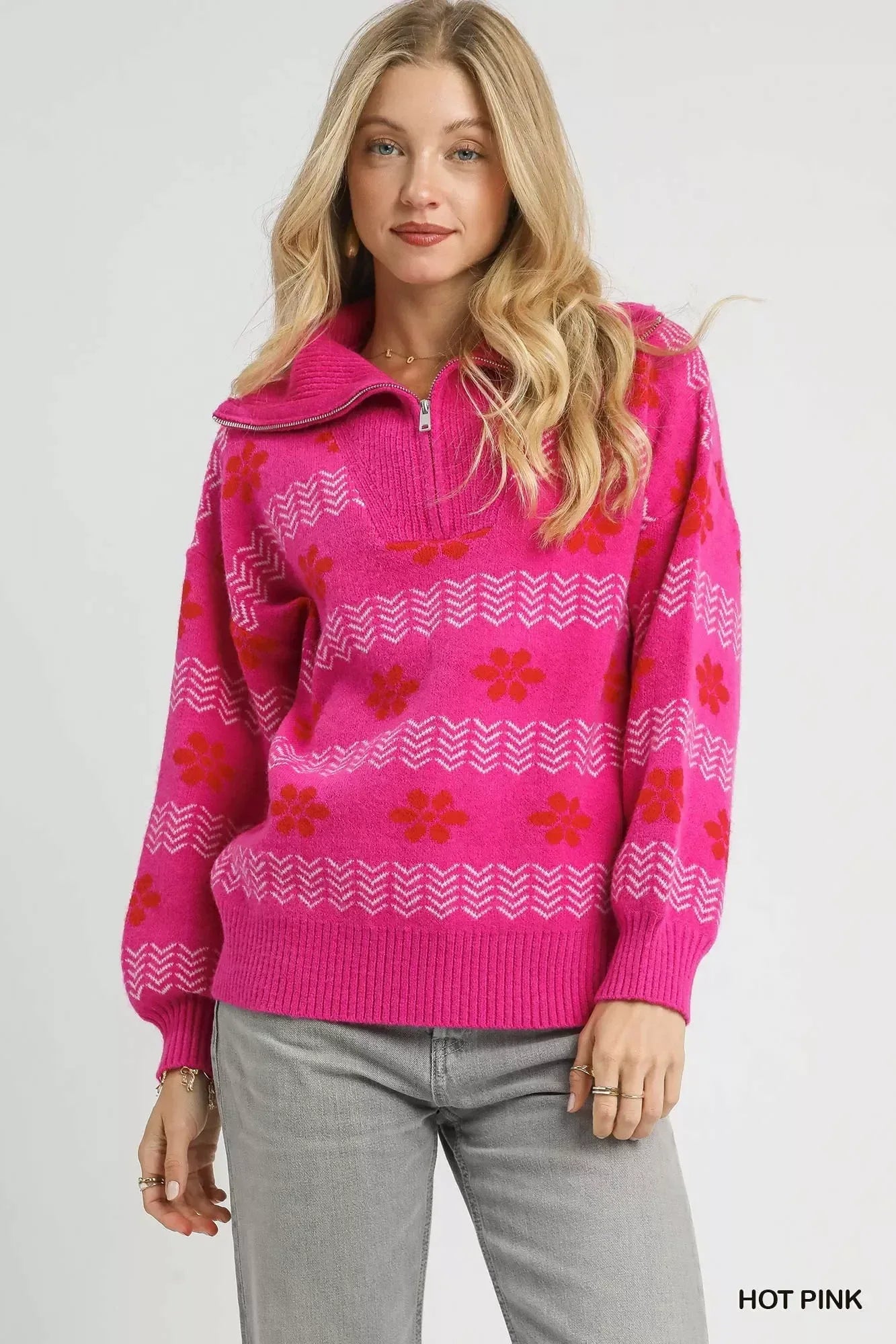Umgee Floral Patterned Jacquard Quarter-Zip Pullover Sweater Hot Pink - DAVERRI FASHIONS