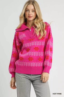 Umgee Floral Patterned Jacquard Quarter-Zip Pullover Sweater Hot Pink - DAVERRI FASHIONS