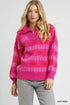 Umgee Floral Patterned Jacquard Quarter-Zip Pullover Sweater Hot Pink - DAVERRI FASHIONS