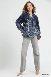 Umgee Midnight Floral Vine Print Blouse with Balloon Sleeves Plus Size | Blouses Daverri Fashions