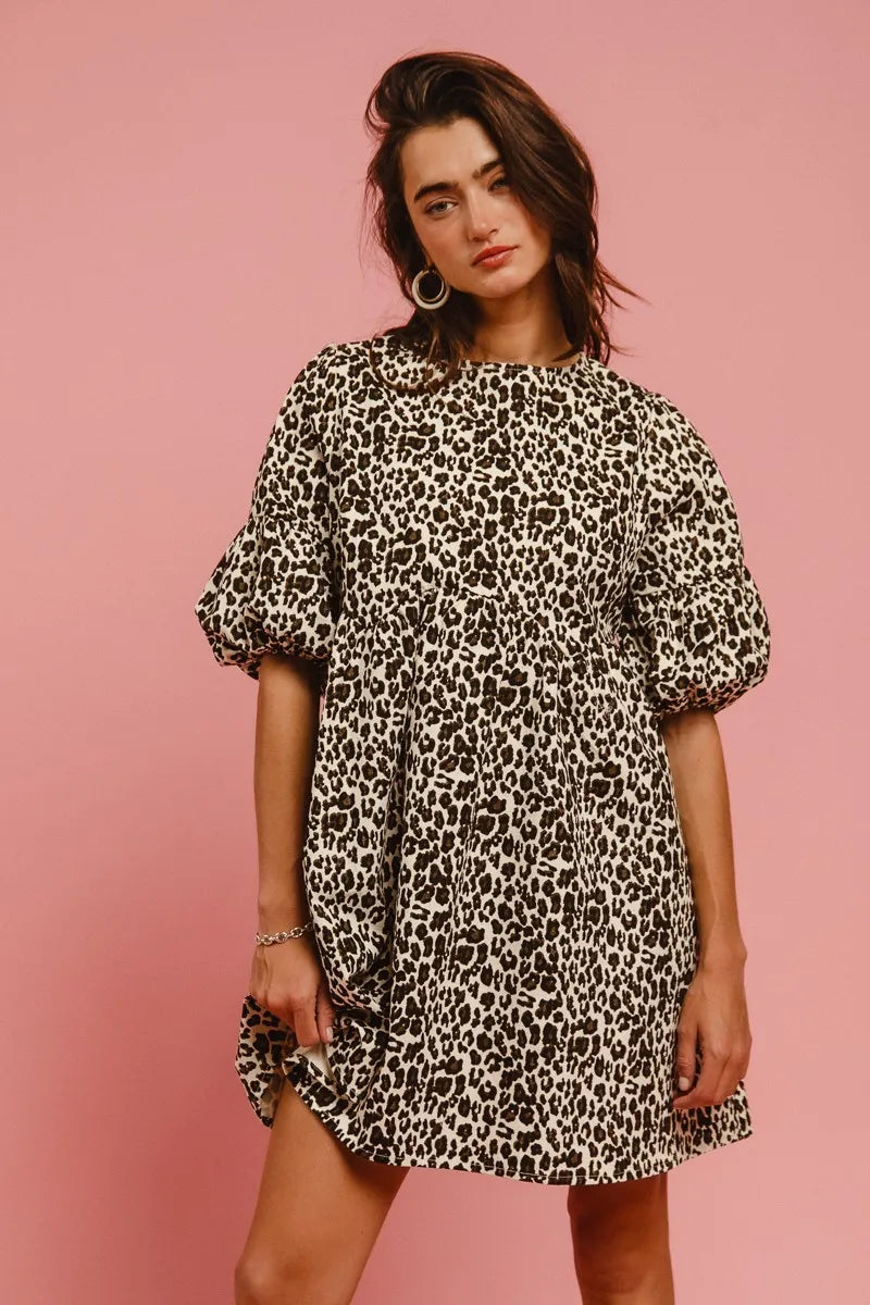 BiBi Leopard Denim Dress With Back Contrast Tie Detail | Daverri Fashions