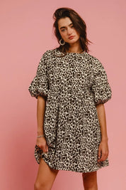 BiBi Leopard Denim Dress With Back Contrast Tie Detail | Daverri Fashions