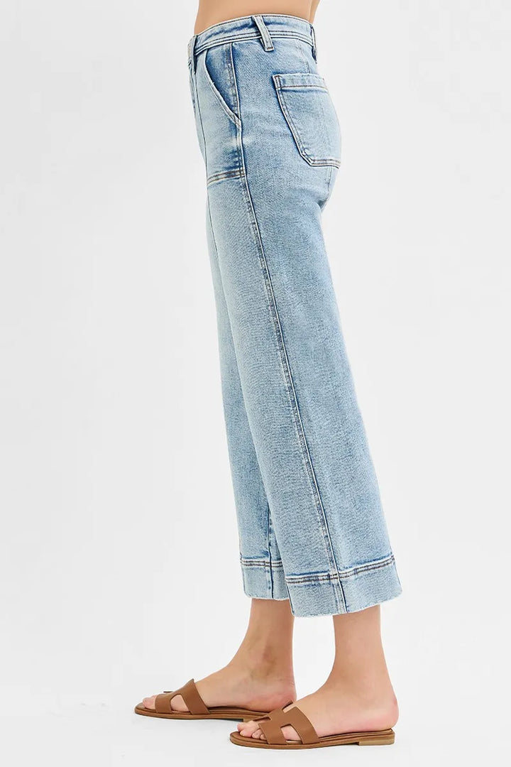 RISEN Full Size High Rise Crop Wide Front Seam Detailed Jeans Jeans