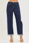 RISEN slouchy cropped boyfriend jeans in dark blue denim with rolled cuffs
