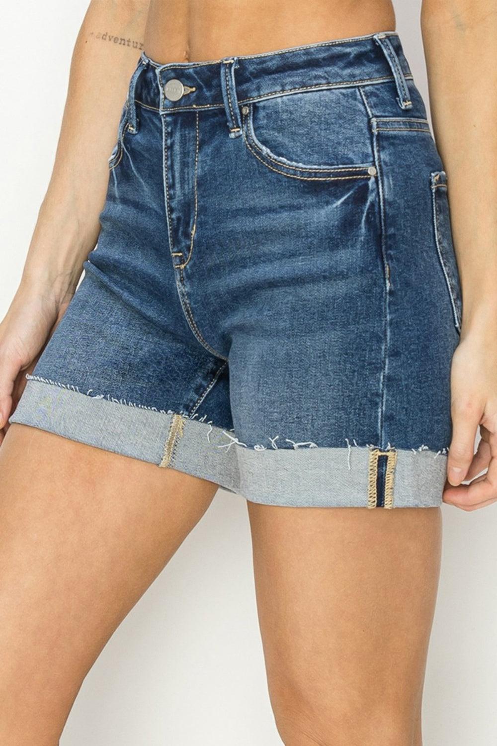 RISEN High Rise Cuffed Denim Shorts Shorts