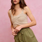 Beige textured knit crop top with twisted front on SO ME twill shorts
