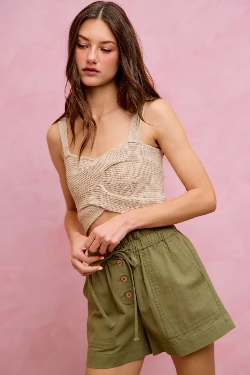 Beige textured knit crop top with twisted front on SO ME twill shorts