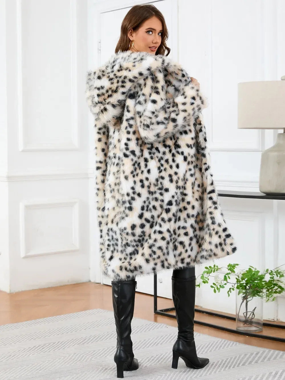 Thermal Leopard Faux Fur Hooded Coat - DAVERRI FASHIONS