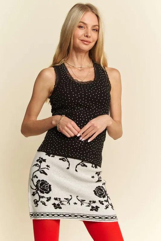 Davi & Dani Rhinestone Lace Trim Detail Tank - DAVERRI FASHIONS