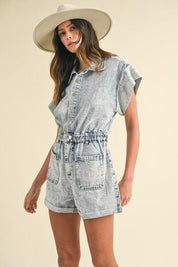 Annie Wear Elastic Waistband Short Sleeve Denim Romper | Denim Rompers Daverri Fashions