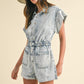 Annie Wear Elastic Waistband Short Sleeve Denim Romper Denim Rompers