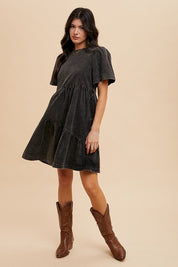 Annie Wear Mineral Washed Round Neck Short Sleeve Denim Dress Tops