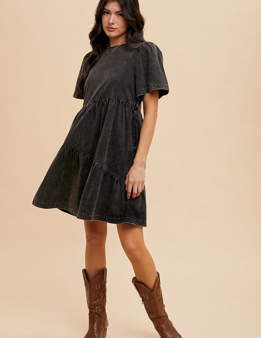 Annie Wear Mineral Washed Round Neck Short Sleeve Denim Dress Mini Dresses