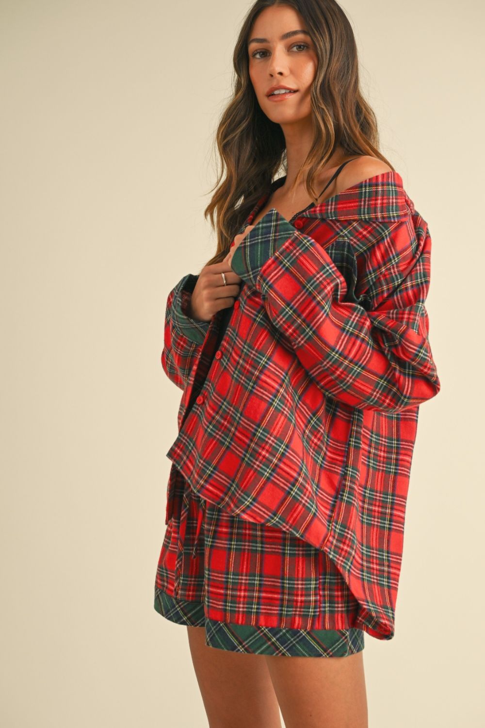 Annie Wear Contrast Plaid Long Sleeve Top and Shorts Set Short Sets