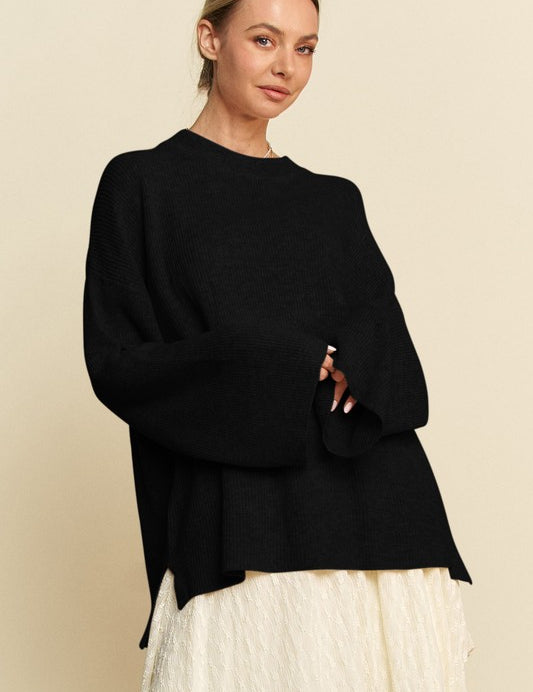 Davi & Dani High-Low Round Neck Drop Shoulder Sweater Black Tops