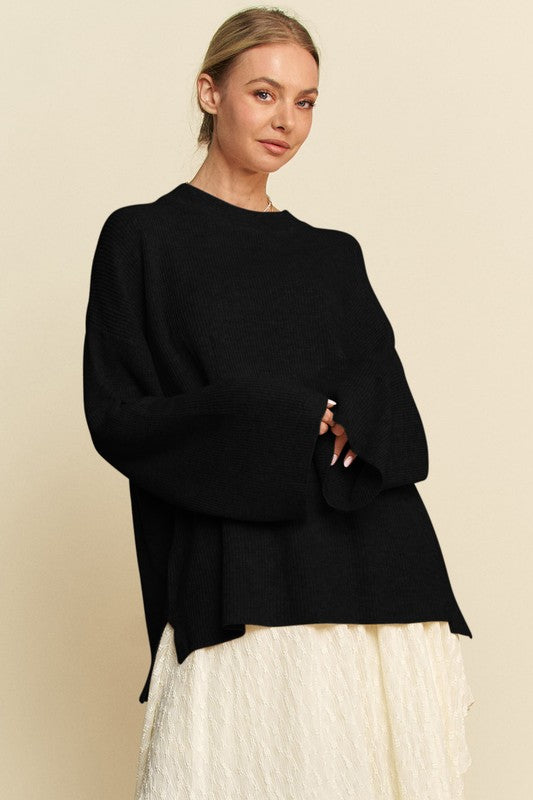 Davi & Dani High-Low Round Neck Drop Shoulder Sweater Black Tops