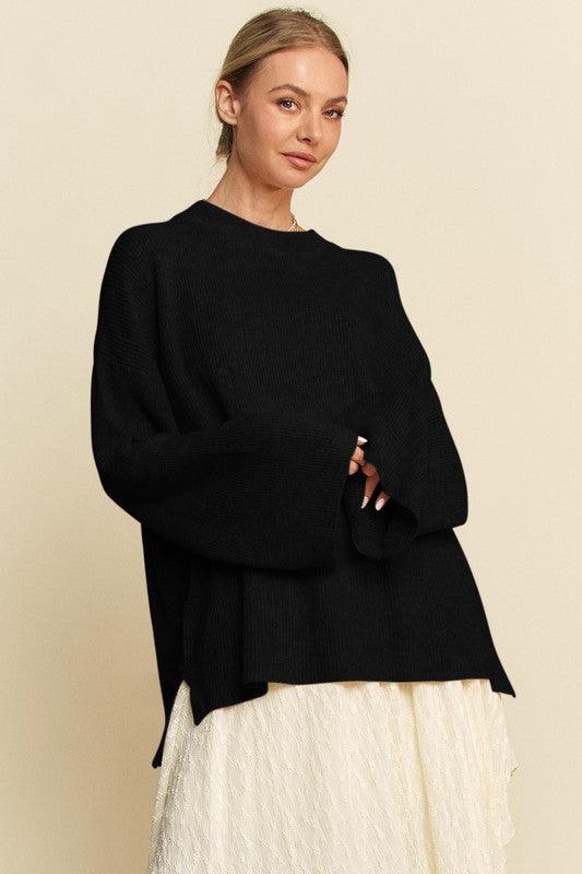 Davi & Dani High-Low Round Neck Drop Shoulder Sweater Black S Sweaters