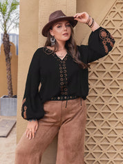 Plus size boho embroidered long sleeve blouse with bell sleeves