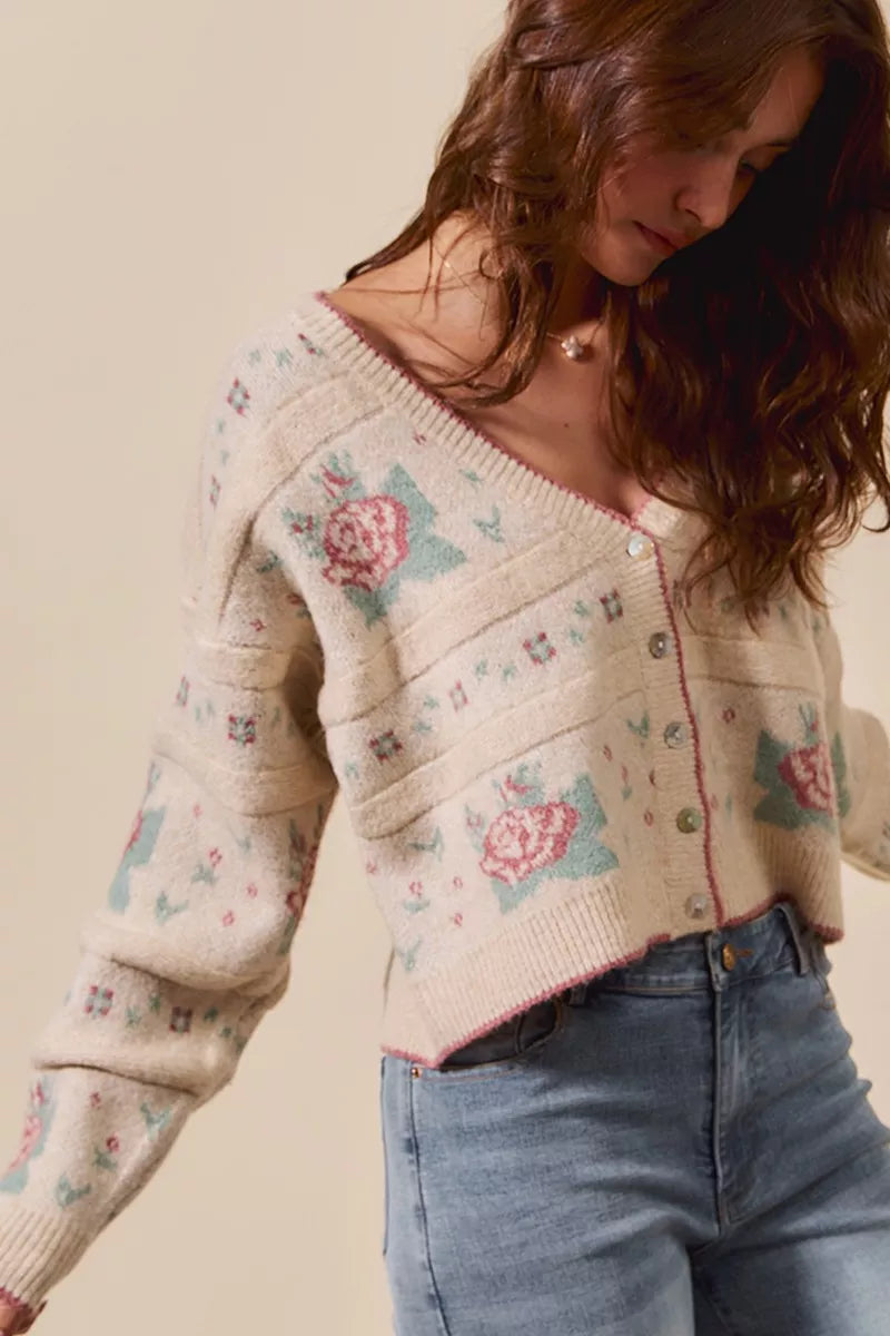 SO ME Floral Pattern Long Sleeve Button Sweater Cardigan | Cardigans Daverri Fashions